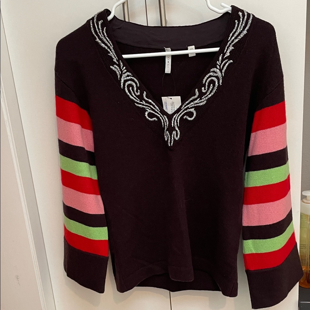 Iisli cashmere sweater V-Neck Striped Women's Top - Black, Red, Pink, Green